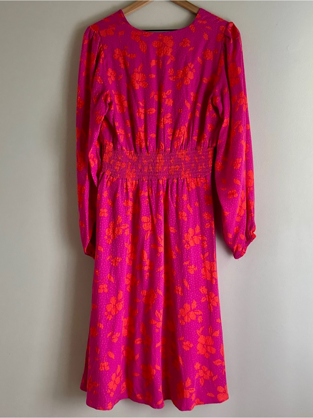 Draper James RSVP Long Sleeve Pink and Orange Floral Cinched Waist Midi Dress - Picture 2 of 8